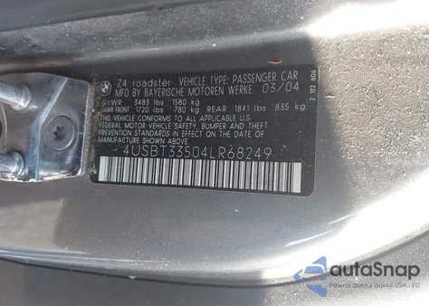 2004 BMW Z4 2.5I z USA, uszkodzony, nr VIN 4USBT33504LR68249